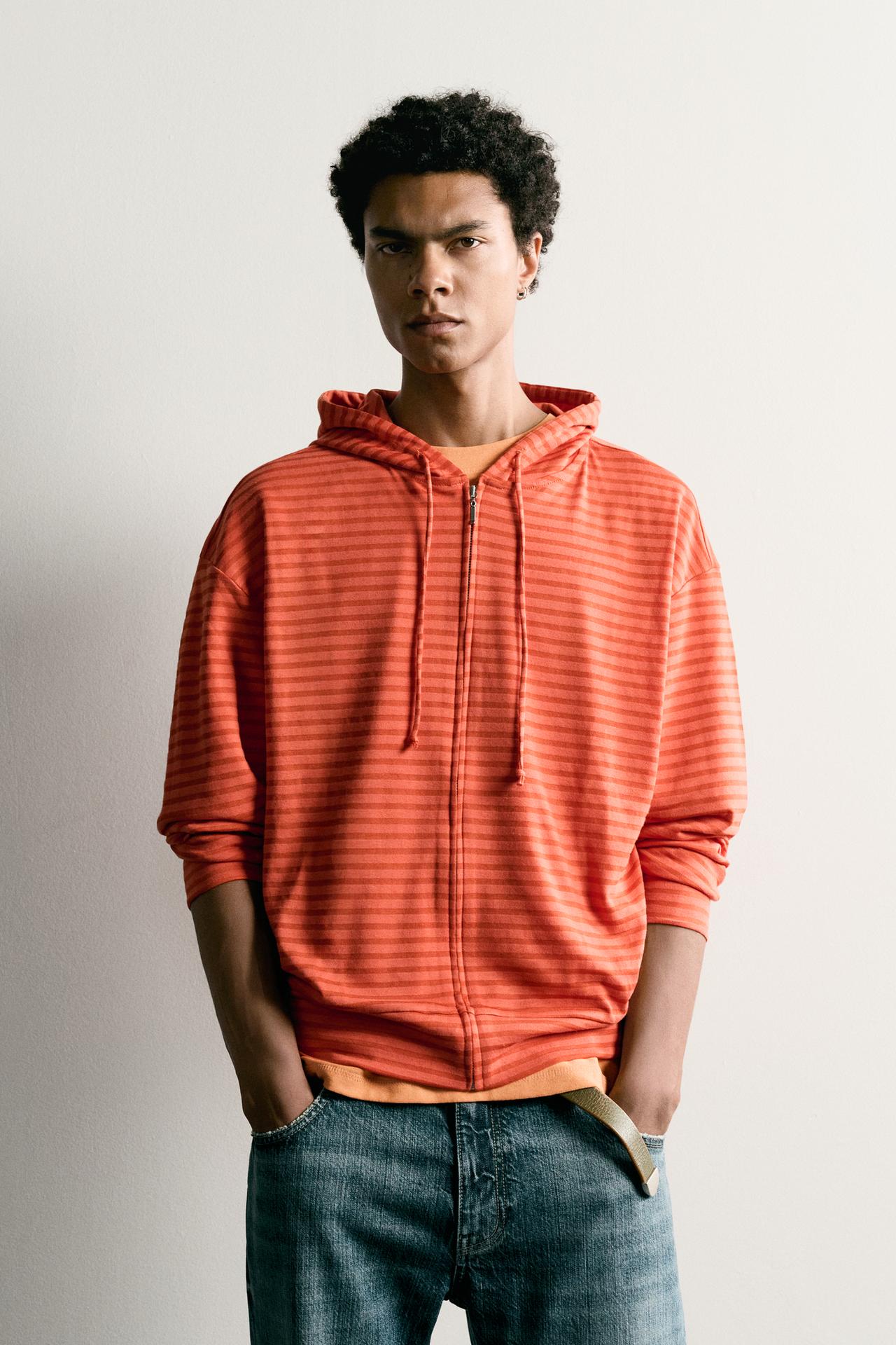 STRIPED HOODED SWEATSHIRT — Orange