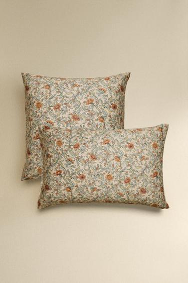 Zara SATEEN PILLOWCASE WITH FLOWERS (300 THREAD COUNT) - Light beige