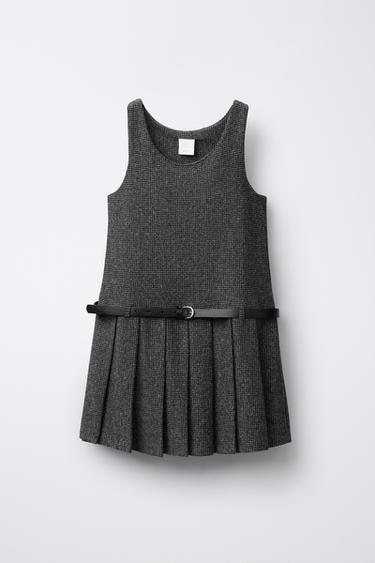 Zara HOUNDSTOOTH PRINT PINAFORE DRESS WITH BELT - Gray - Image 0