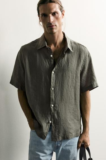 CAMISA REGULAR FIT 100% LINO - Khaki de Zara