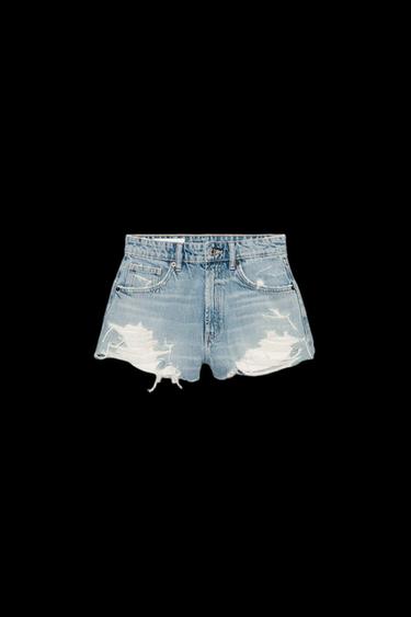 Zara TRF RIPPED HIGH-WAISTED DENIM SHORTS - Blue