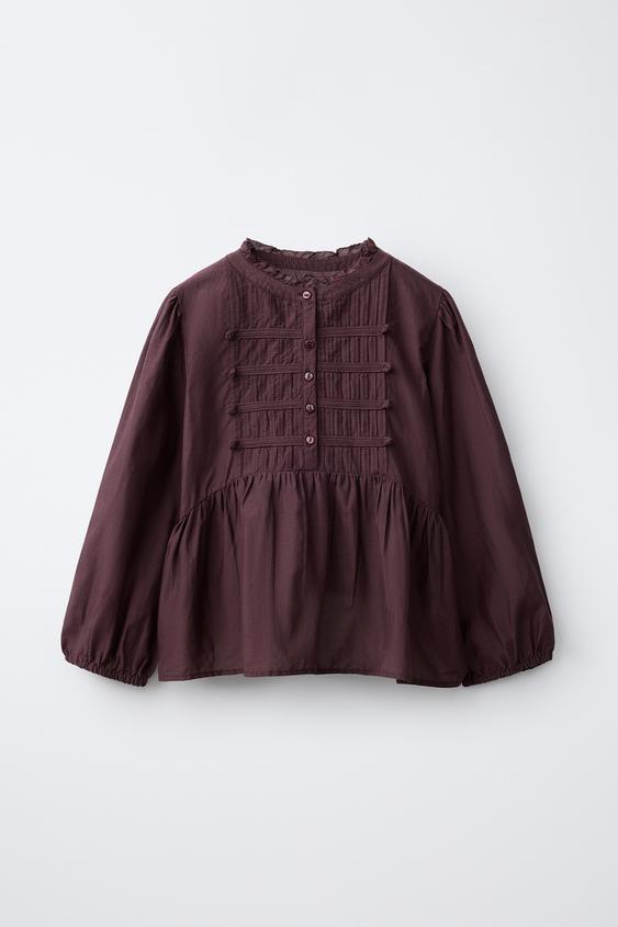 Zara 繩結扣細褶襯衫 - 勃艮第酒紅色 - 圖片 0