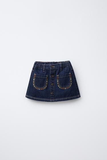 EMBROIDERED FLOWER DENIM SKIRT - Blue by Zara - Image 0