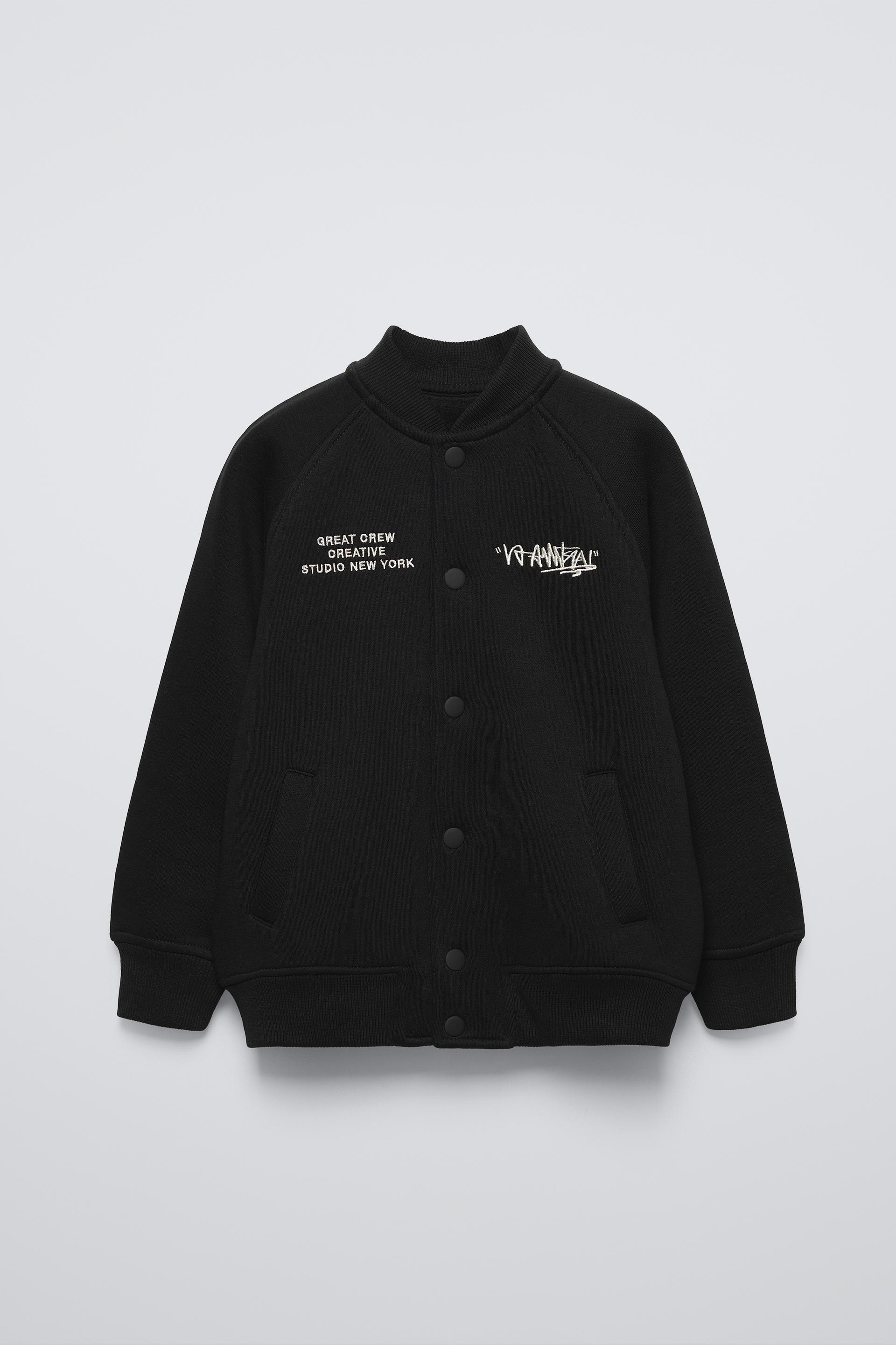 BOMBER JACKET WITH EMBROIDERED SLOGAN - Black | ZARA Singapore