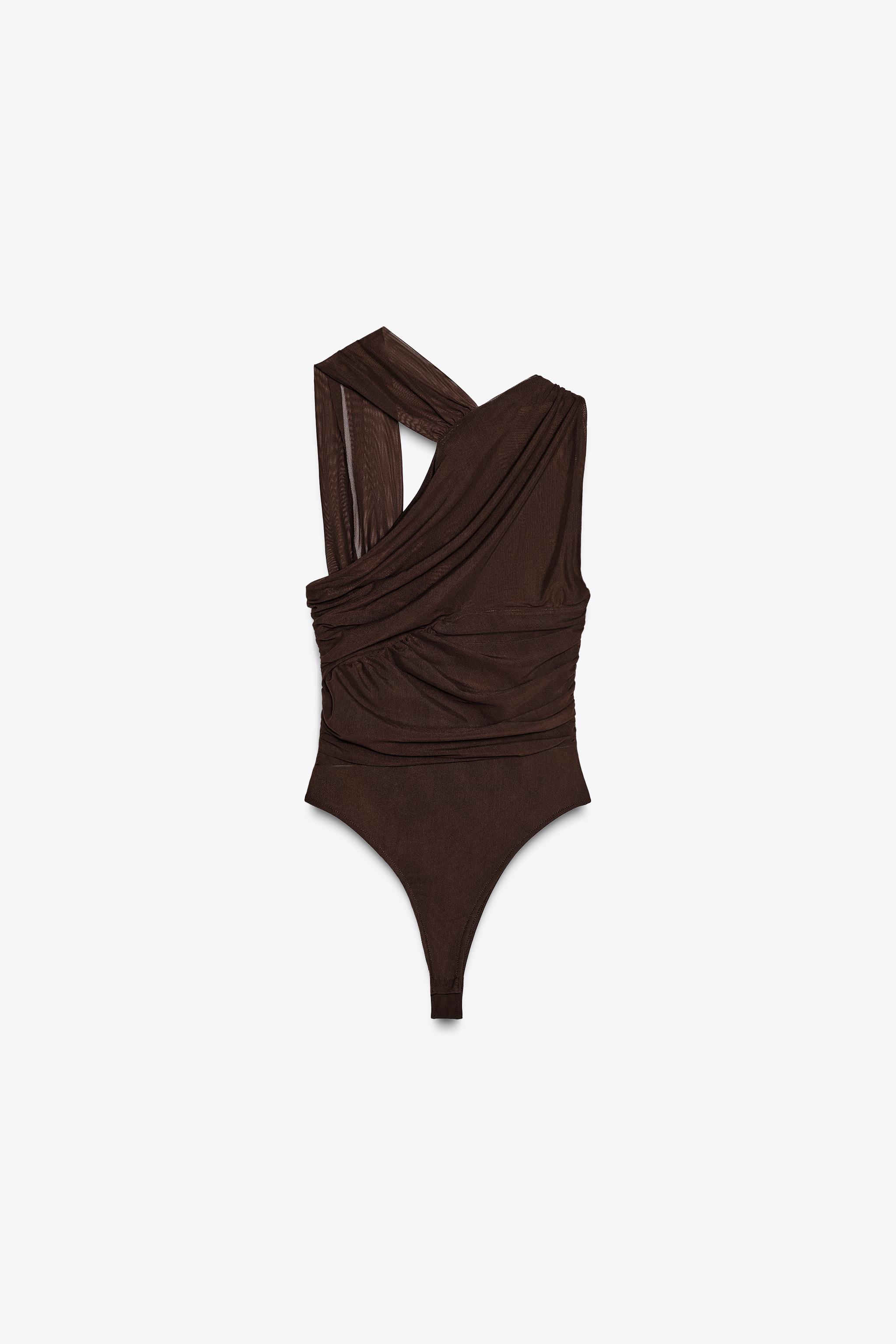 DRAPED ASYMMETRIC TULLE BODYSUIT - Dark brown | ZARA United