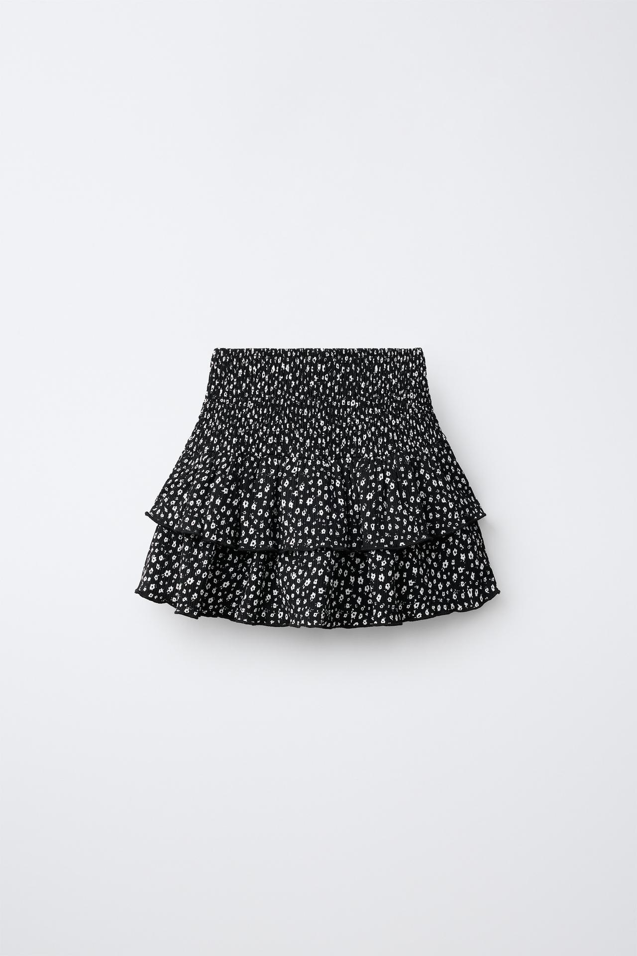 PRINTED RUFFLE SKIRT — Black
