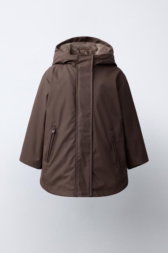 Zara WATER-REPELLENT RUBBERIZED FAUX FUR RAINCOAT - Chocolate - Image 0
