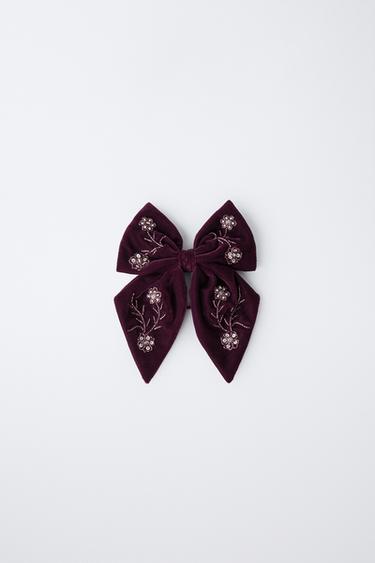 Zara 天鵝絨亮片蝴蝶結髮圈髮夾 - 茄紫色 - 圖片 0