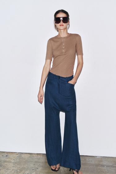 LINEN BLEND BUTTON T-SHIRT - Brown by Zara - Image 0
