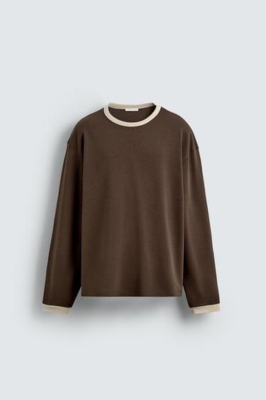 LONG SLEEVE T-SHIRT WITH CONTRAST RIB - Brown by Zara