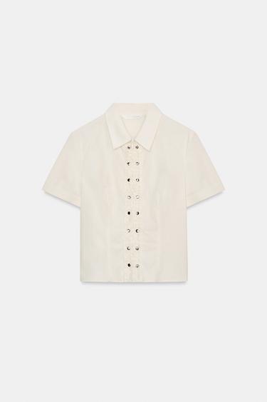 POPLIN SHIRT WITH STUDDED RUFFLES - Ecru by Zara - Image 3