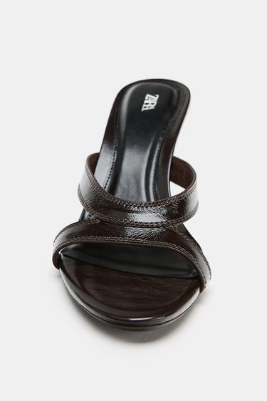 LEATHER STRAPPY HEEL SANDALS - Brown by Zara