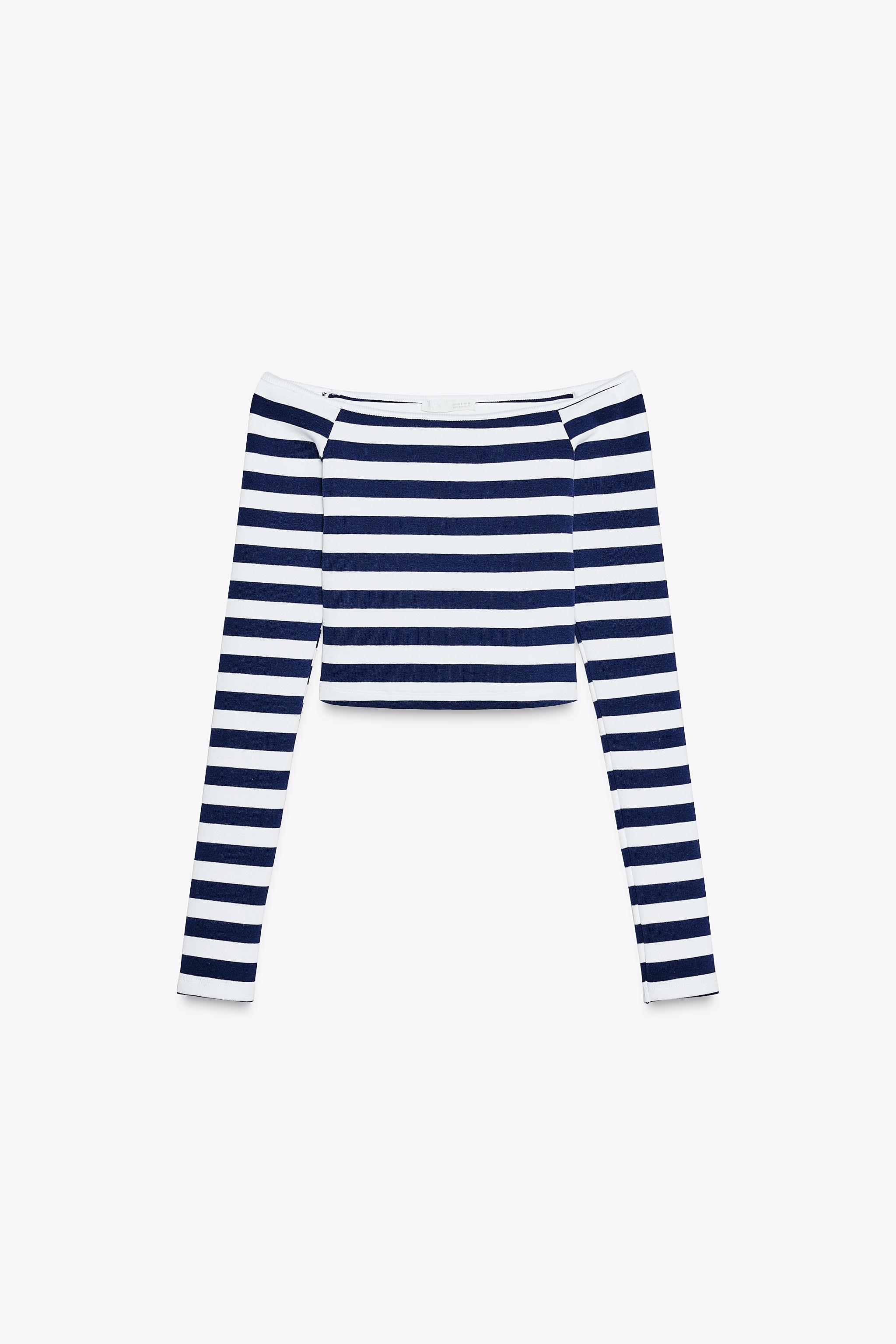 【ZARA】オープンショルダー ストライプ柄トップス|0858/175/060 オープンショルダー ストライプ柄トップス - ホワイト/ネイビー