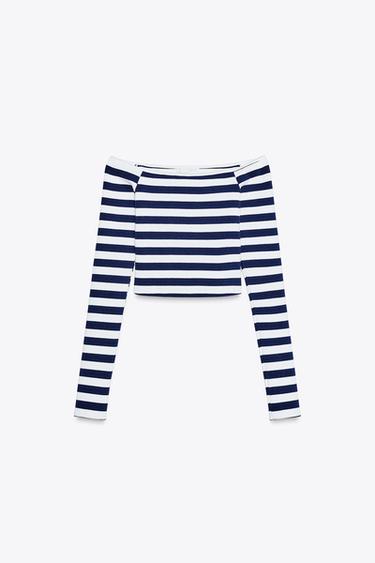 STRIPED BARE SHOULDER TOP - White / Navy by Zara - Image 3