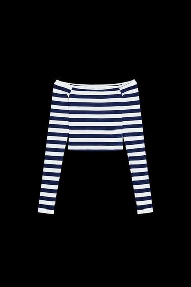TOP HOMBROS DESCUBIERTOS RAYAS - Blanco / Marino de Zara - Imagen 0