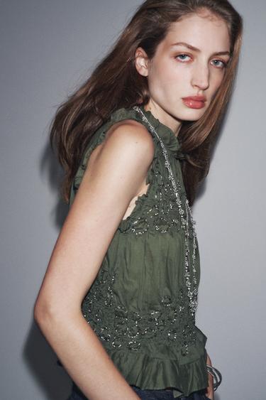ZW COLLECTION BEADED TOP - Grey green by Zara - Image 3