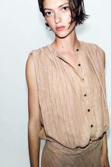 TOP RAYÉ À MANCHES BALLON - Marron clair de Zara - Image 2