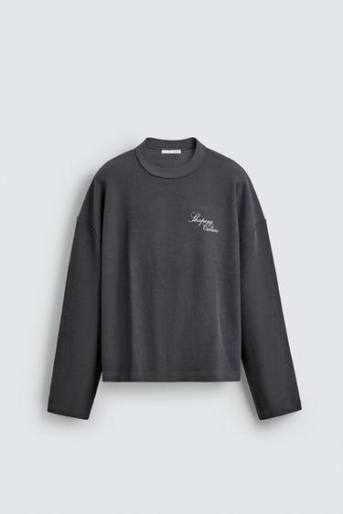 Zara TEXTURED PRINTED TEXT SWEATSHIRT - Charcoal gray