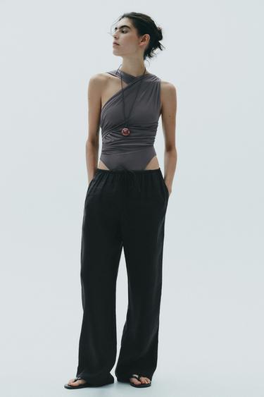 DRAPED ASYMMETRIC TULLE BODYSUIT - Anthracite grey by Zara