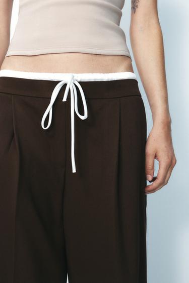Zara DOUBLE WAIST WIDE LEG PANTS - Chocolate brown