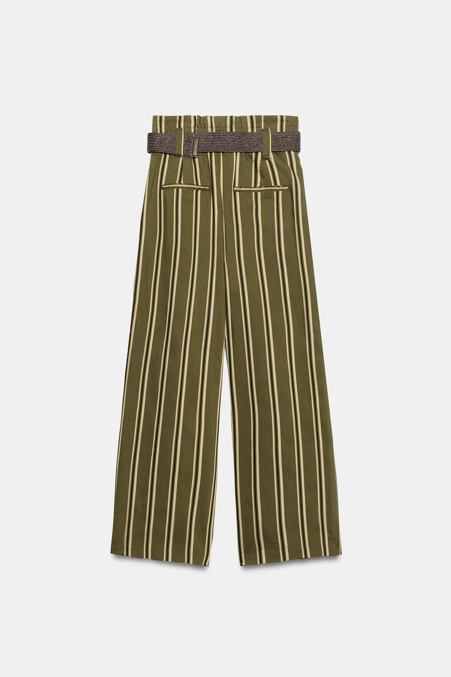 Женские брюки Zara Belted Striped, цвет: Экрю / Зелёный — фото 7