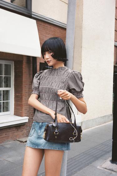 Zara 格紋皺褶繡襯衫 - 棕色 / 裸色