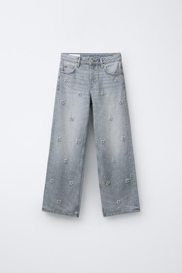 جينز بقصة ساق واسعة باللؤلؤ - أزرق الخاص بـ Zara