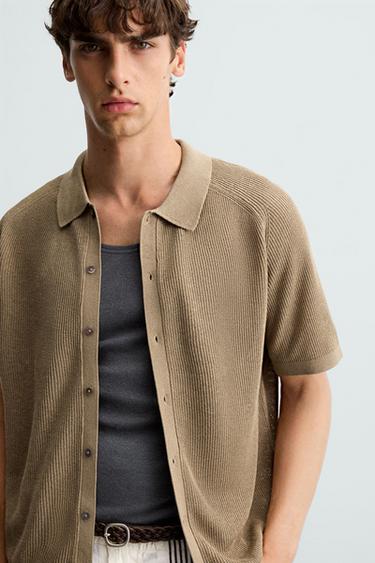 Zara RELAXED FIT KNIT SHIRT - Dark beige