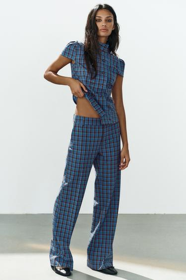 PANTALÓN RECTO TIRO BAJO CUADROS - Azul de Zara