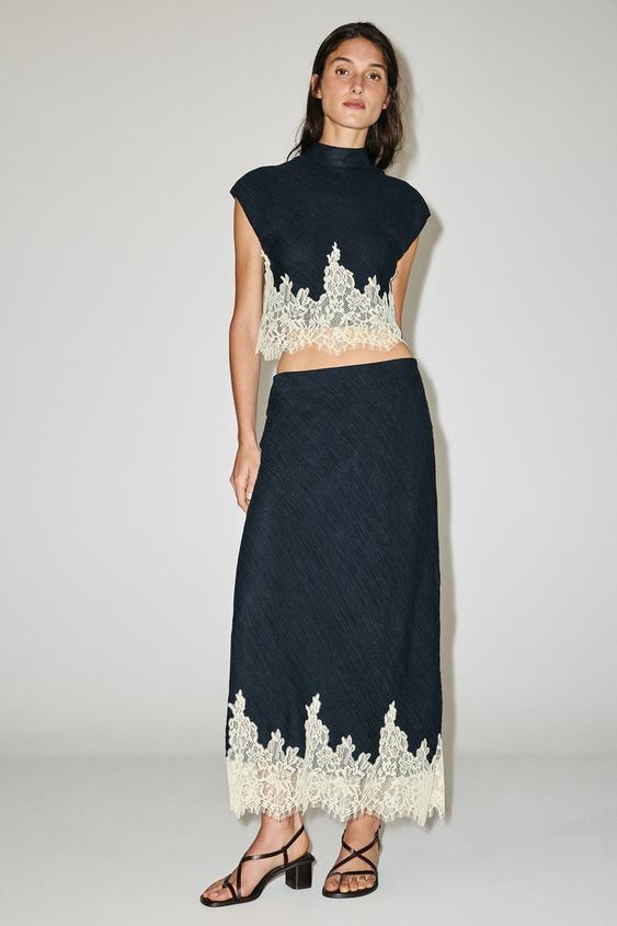 FALDA MIDI COMBINADA ENCAJE - Marino / Blanco de Zara - Imagen 0