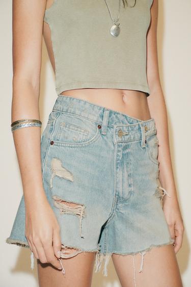 BERMUDA EN JEAN TRF COUPE MOM TAILLE HAUTE CROISÉE - Bleu ciel de Zara