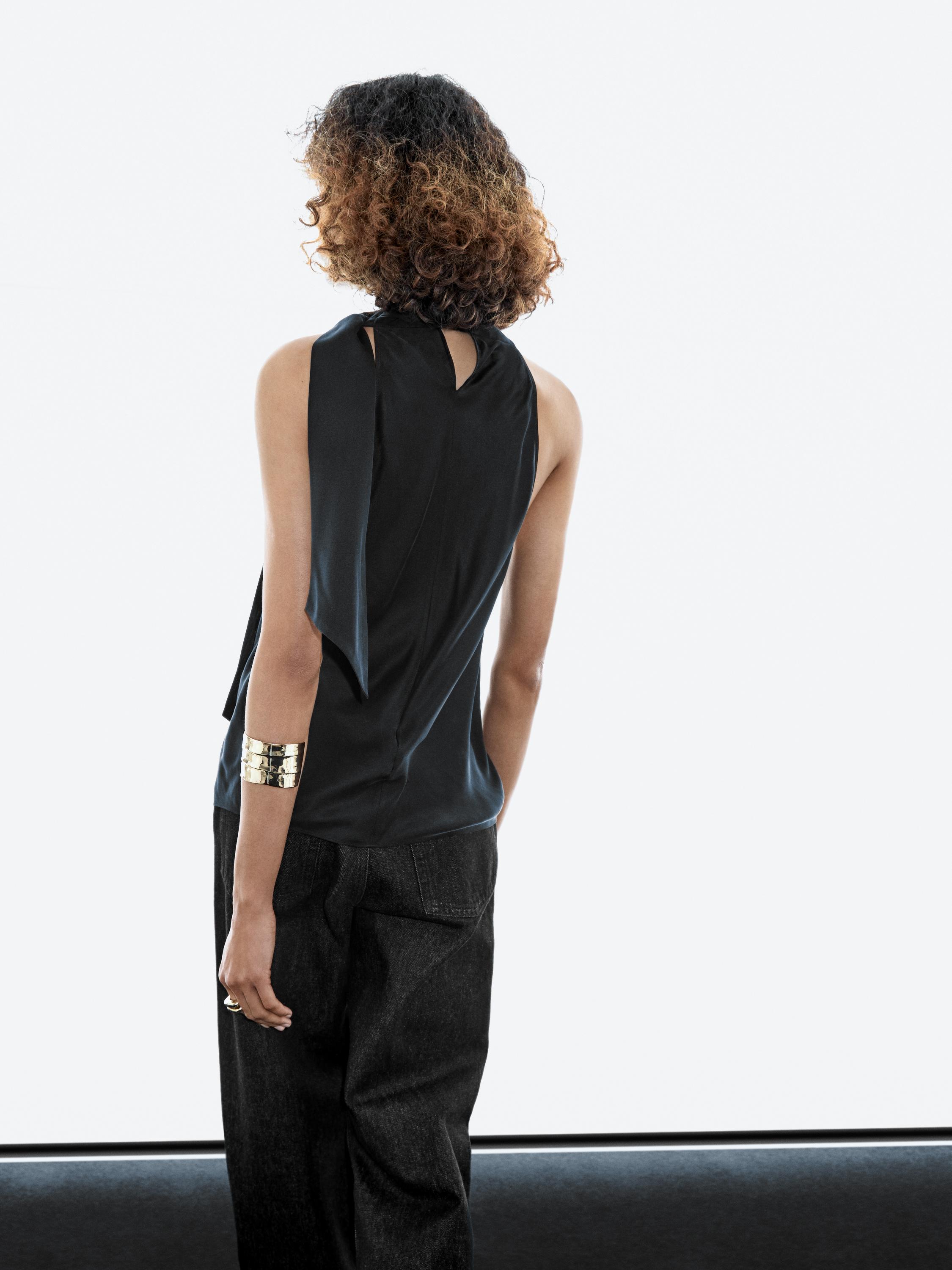 Silk blend top with cowl neck and tie