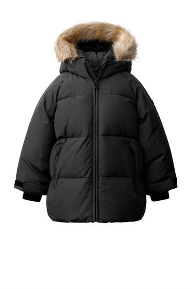 50% FEATHER AND 50% DOWN WATER-REPELLENT AND WINDPROOF DOWN JACKET WITH HOODIE AND FAUX FUR - Black by Zara