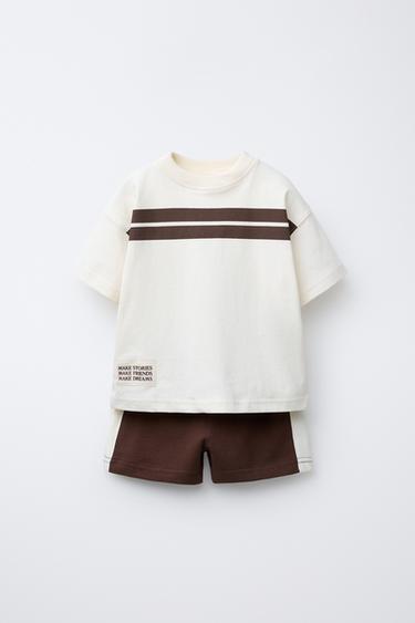 T-SHIRT AND BERMUDA SHORTS JOGGING SET - Brown / Ecru by Zara