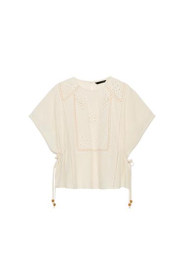 EMBROIDERED TOP WITH SIDE TIES - Ecru by Zara