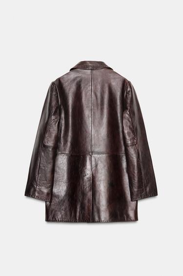 Zara 100% LEATHER TOPSTITCHED COAT - Burgundy