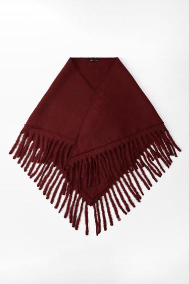 Zara WOOL BLEND FRINGED SHAWL - Maroon