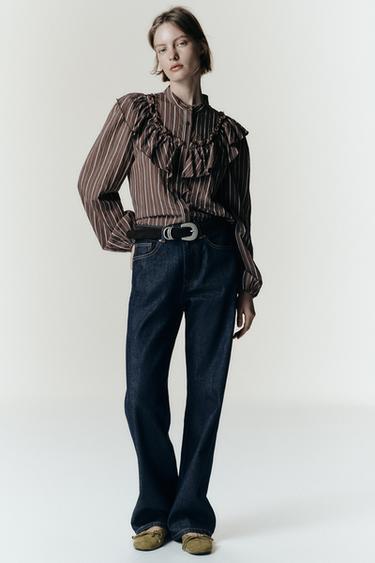 CAMISA LISTRADA COM BABADO - Marrom-Azul da Zara