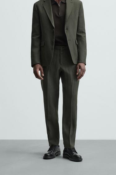 PANTALÓN TRAJE 100% LINO - Khaki oscuro de Zara