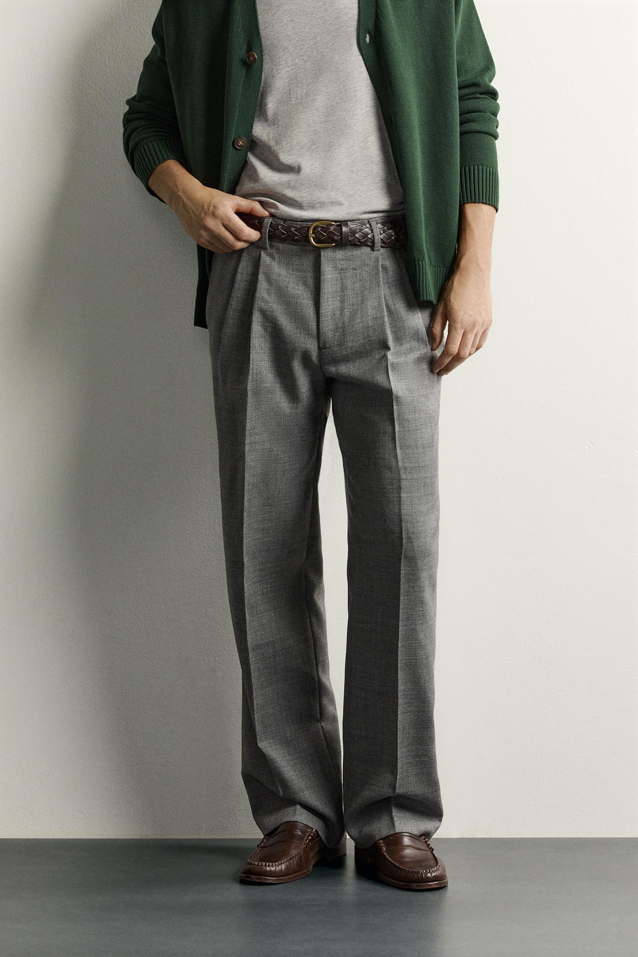 100% WOOL PLEATED PANTS — Mid-gray