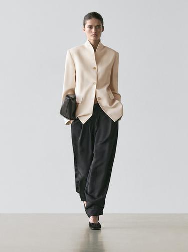 Zara High neck satin blazer - Ecru - Image 0