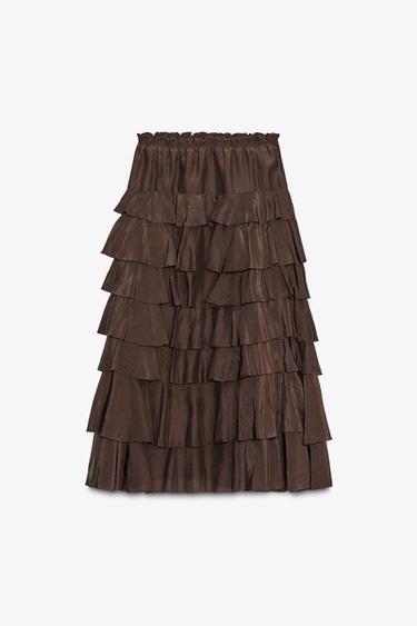 ZW COLLECTION MIDI SKIRT WITH RUFFLES - Brown by Zara