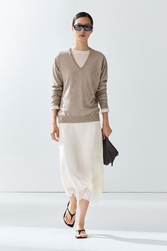 Zara V-neck knit sweater - Mink - Image 0