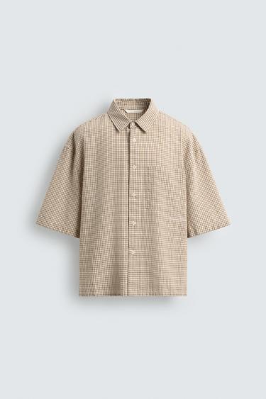 RELAXED FIT CHECK SHIRT WITH CONTRAST EMBROIDERY - CAMEL/WHITE by Zara