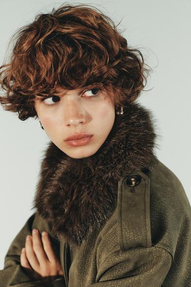 REMOVABLE COLLAR FAUX SUEDE JACKET - Khaki by Zara - Image 2
