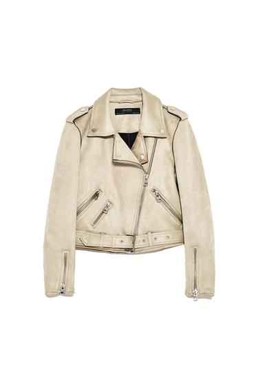Front view of a beige jacket with a diagonal zip, front zip pockets, and an adjustable belt.