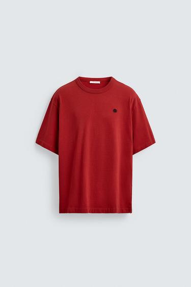 Zara CONTRAST EMBROIDERED T-SHIRT - Red