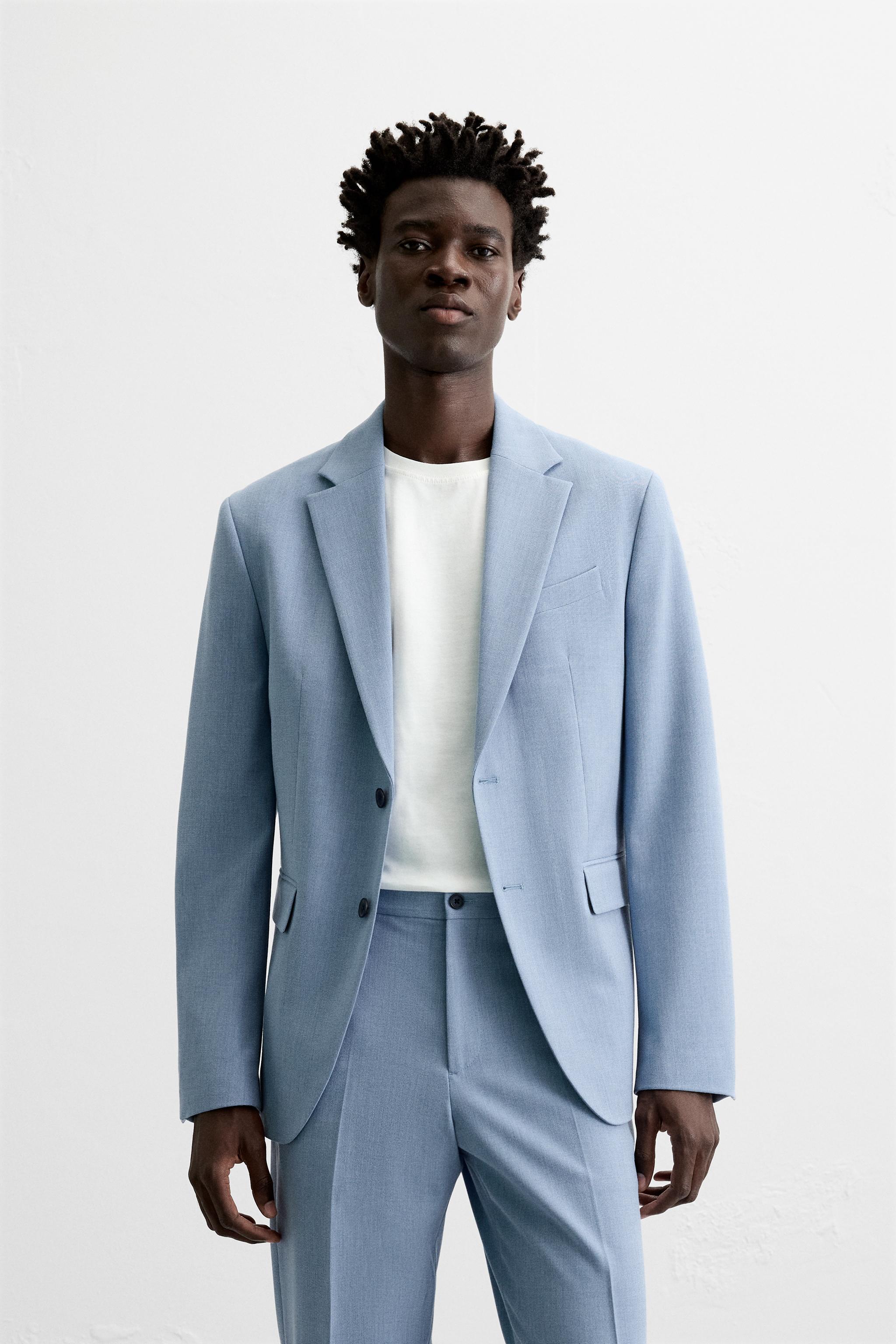 Zara Textured Suit Jacket Sky Blue Men