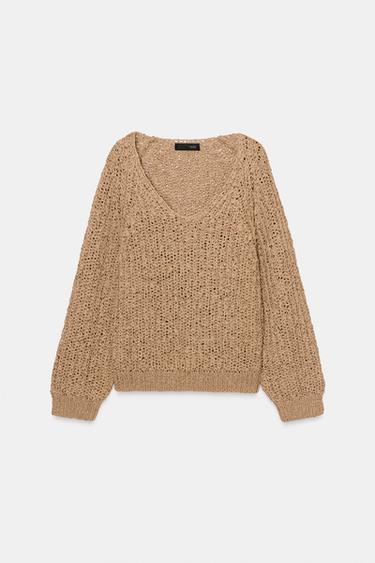 PULL EN MAILLE AVEC BANDE ENTRELACÉE - Camel clair de Zara - Image 5