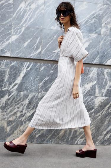 VESTIDO MIDI LISTRADO - Areia / Preto da Zara